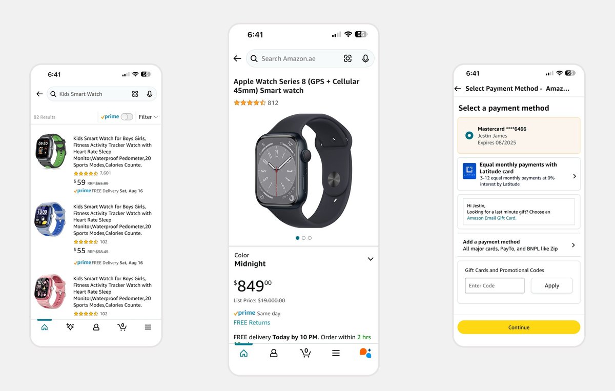 Amazon AU — Search, PDP and Checkout screens showing current state without Afterpay visibility